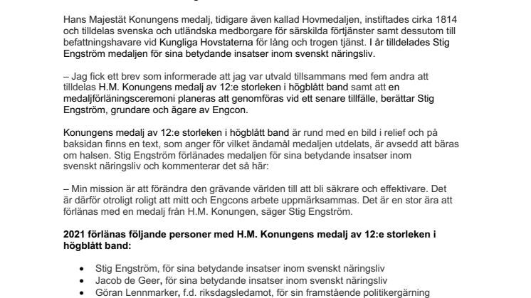 Engcons grundare Stig Engström tilldelas medalj av H.M. Konungen 