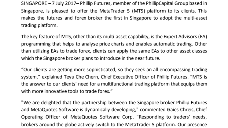 Phillip Futures First To Offer MetaTrader 5 To Address Growing Segment of Savvy Clients