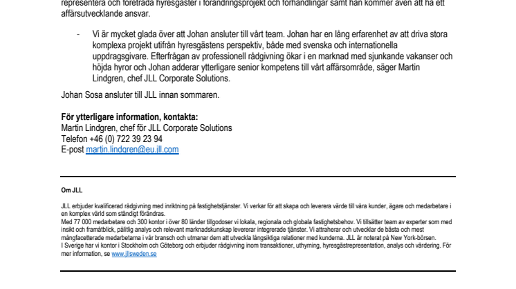 JLL Corporate Solutions rekryterar Johan Sosa