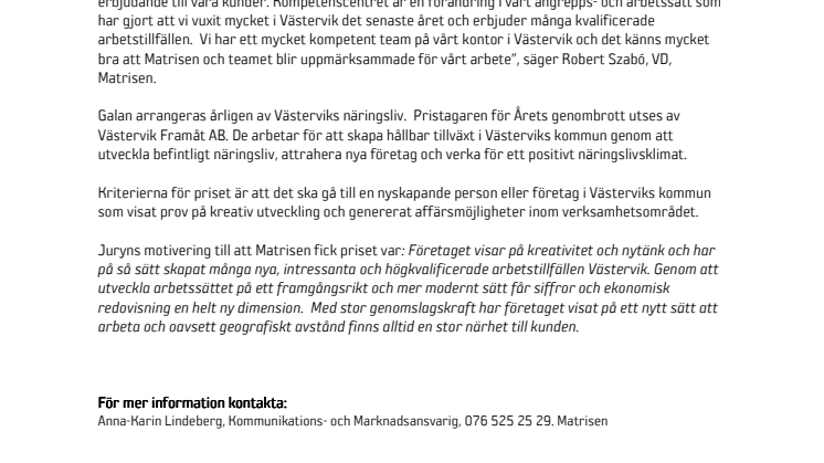 Matrisen prisad i Västervik