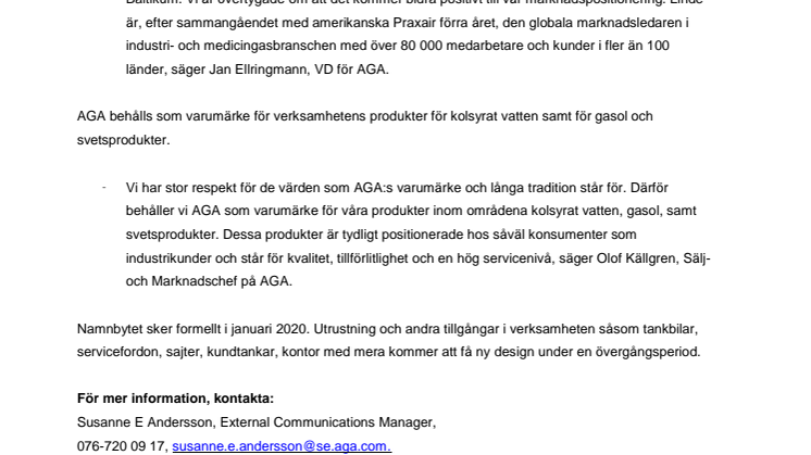 AGA byter namn till Linde i januari 2020