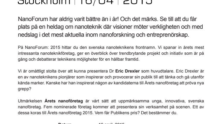 Snart är stolarna slut! NanoForum: 2015