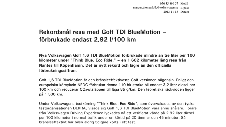Rekordsnål resa med Golf TDI BlueMotion – förbrukade endast 2,92 l/100 km
