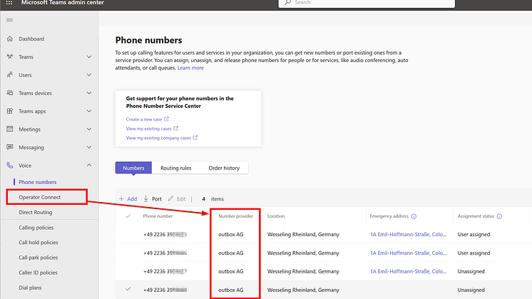 outbox AG  Microsoft Teams admin center – Operator Connect