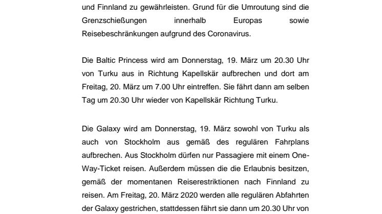 Tallink Silja routet seine Schiffe Baltic Princess und Galaxy ab dem 19. März 2020 temporär um