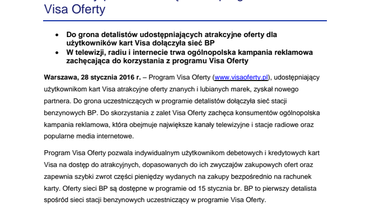Sieć stacji paliw BP dołącza do programu Visa Oferty