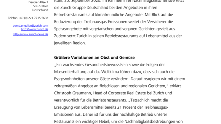 Nachhaltig lecker: Zurich setzt auf regionale Lebensmittel in den eigenen Betriebsrestaurants