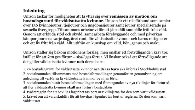 Remissvar från Unizon