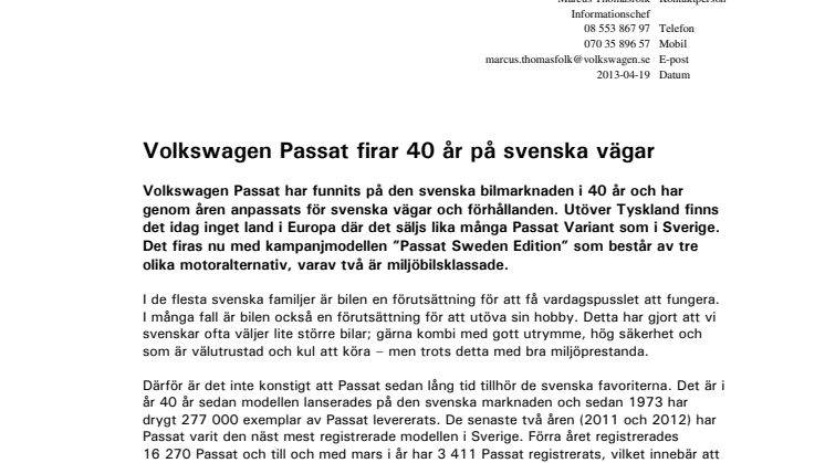 Volkswagen Passat firar 40 år på svenska vägar