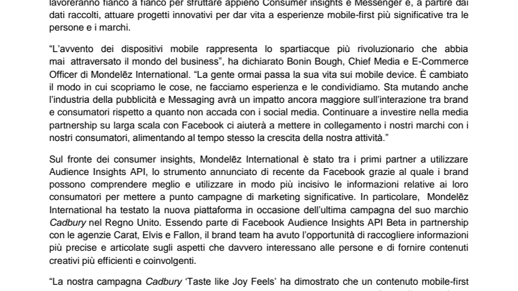 Mondelēz International partner di Facebook su Consumer Insights e Messaging