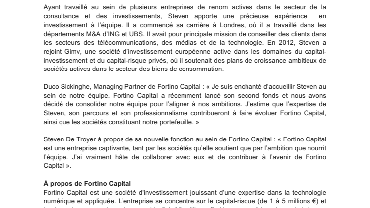Steven De Troyer rejoint Fortino Capital en tant qu’Investment Director