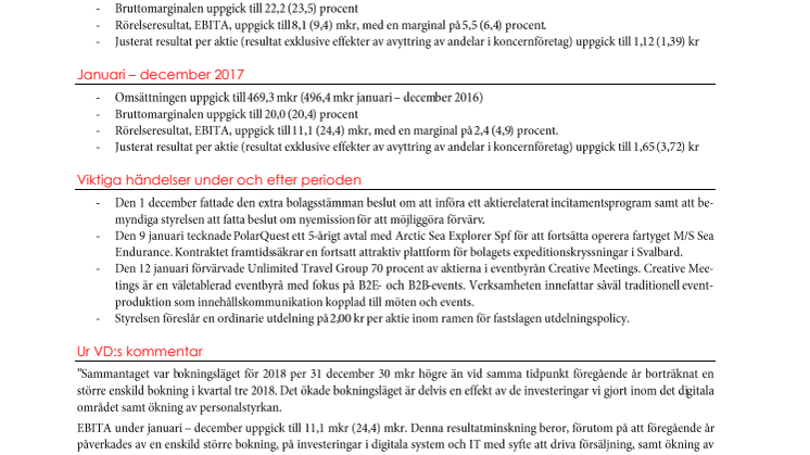 Bokslutskommuniké januari - december 2017