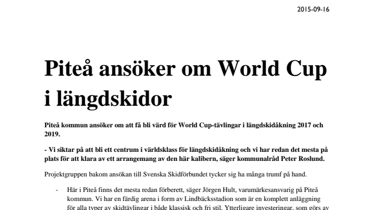 Piteå ansöker om World Cup i längdskidor