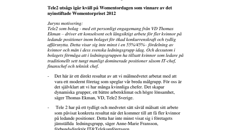 Tele2 - vinnare av Womentorpriset 2012