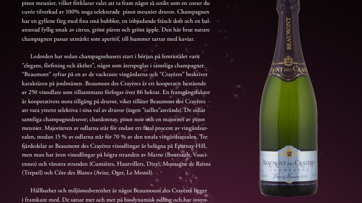 Ny lansering av unik årgångschampagne från champagnehuset Beaumont des Crayères: Beaumont des Crayères Fleur de Meunier 2008 