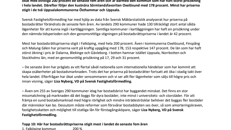 Fem års tillbakablick: Här har lägenhetspriserna ökat mest i landet  – kommun för kommun 