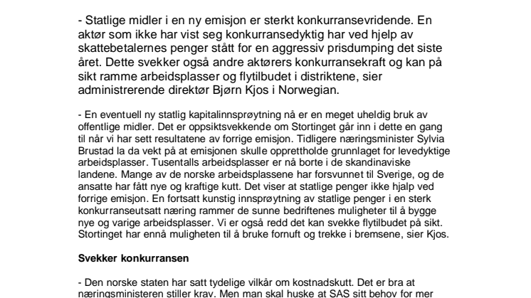 Den varslede SAS-emisjonen: - Sterkt konkurransevridende – kan på sikt ramme norske arbeidsplasser og flytilbudet i distriktene