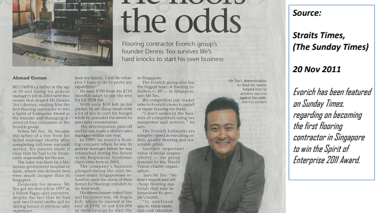 Evorich Article Featuring on Sunday Times Newspaper (20 Nov 2011)