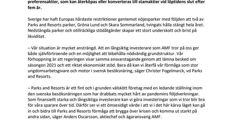 AMF investerar 400 mkr i Parks and Resorts