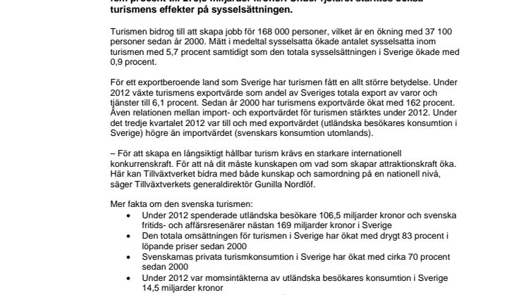 Turismens årsbokslut 2012: Turismen växer stadigt och skapar nya jobb