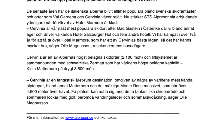 STS Alpresor köper välkänt hotell i Cervinia