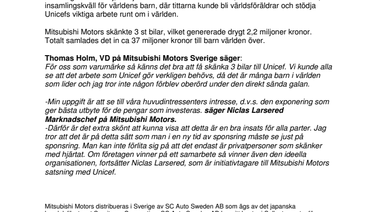Mitsubishi genererade ca 2,2 miljoner till Unicef