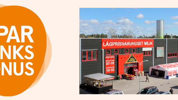 Sparbanksbonusens symbol och en av deltagande handlare, Maria Melin på MEJK.