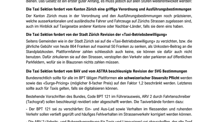 Pressemitteilung des Verbands Taxi Sektion Zürich zum Abstimmungsresultat vom 9. Februar 2020