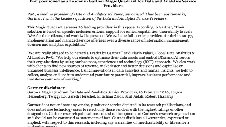 PwC positioned as a Leader in Gartner Magic Quadrant for Data and Analytics Service Providers