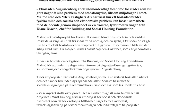 FN-utmärkelse till Malmö för Ekostaden Augustenborg