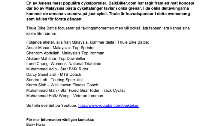 Thule Bike Battle, Malaysias senaste reality show med cykeln i fokus börjar idag 