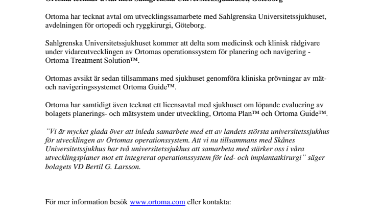 Ortoma tecknar avtal med Sahlgrenska Universitetssjukhuset, Göteborg