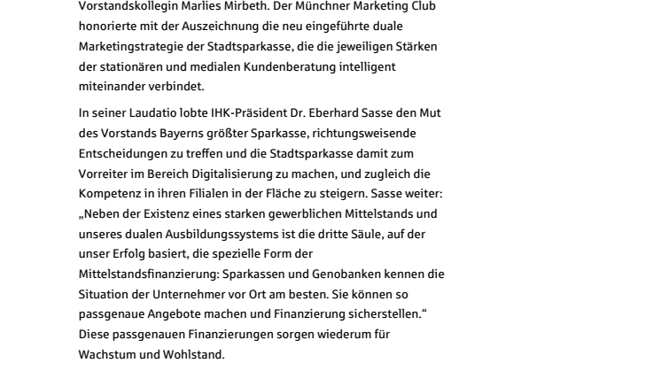 Stadtsparkasse München erhält Münchner Marketing Preis 2017