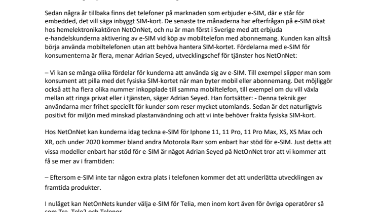 NetOnNet första återförsäljaren att aktivera  e-SIM vid köp av mobil med abonnemang online     