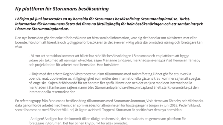 Ny plattform för Storumans besöksnäring