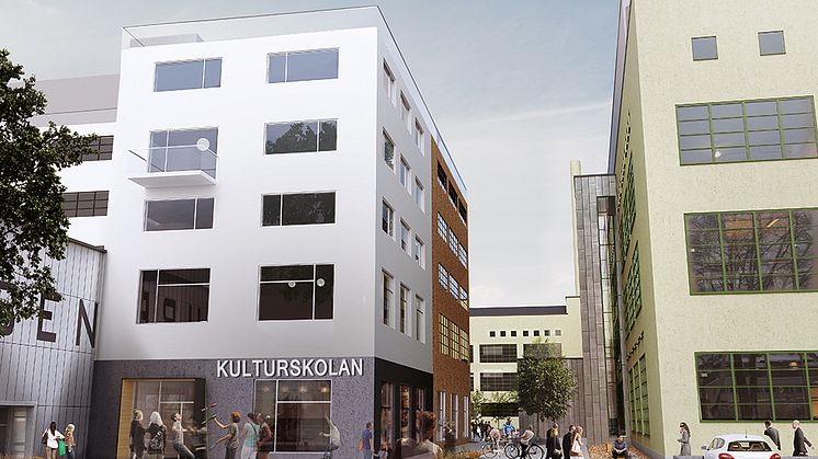 Simonsland, Borås. Etapp 2 med Kulturskola, Friskis & Svettis och verksamhetslokaler. Bild: Krook & Tjäder