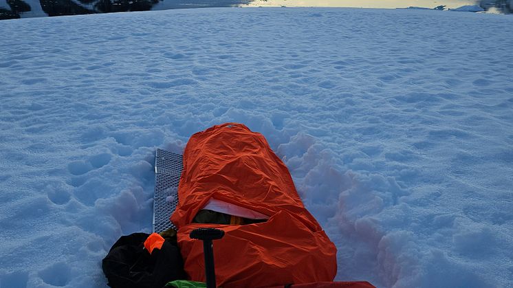 A Bivvi bag Set up and snowy view of Leith Cove 