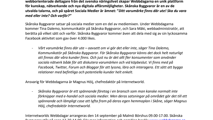 Skånska Byggvaror talar på Sveriges ledande branschevent inom e-Handel - Internetworlds Webbdagarna i Malmö