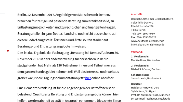 Angehörige brauchen bessere Beratung - Ergebnisse der Fachtagung „Beratung bei Demenz“ jetzt online