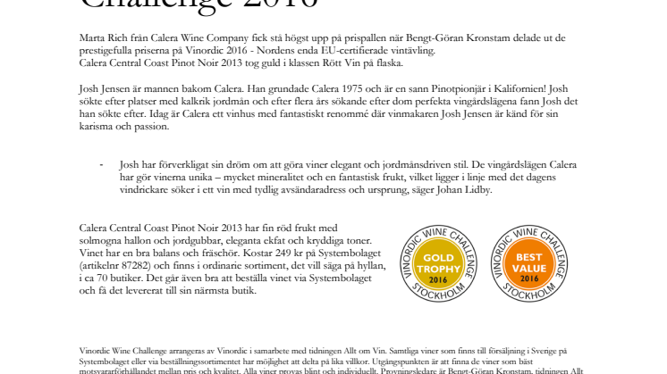 Calera tar guld i Vinordic Wine Challenge 2016