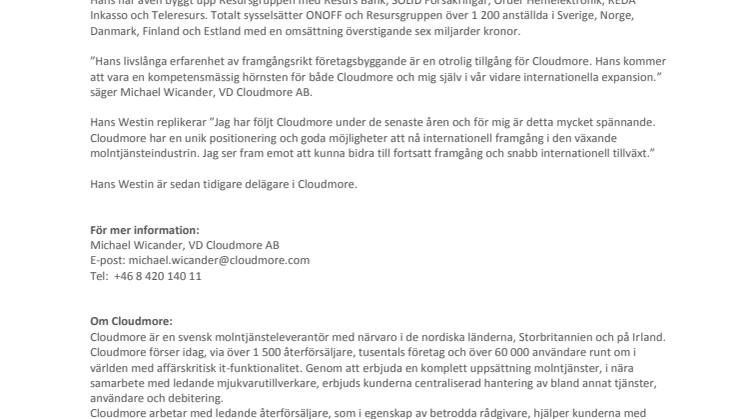 Cloudmore förstärker styrelsen med entreprenören Hans Westin