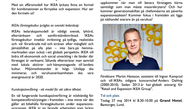 Martin Hansson, IKEA föreläser på Hjärntrustens frukostseminarium i Lund 27 maj