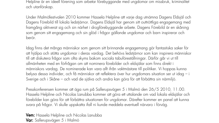 Hassela Helpline bjuder in till presskonferens, ons 26 maj.