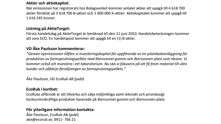 EcoRub: Nyemissionen genomförd 