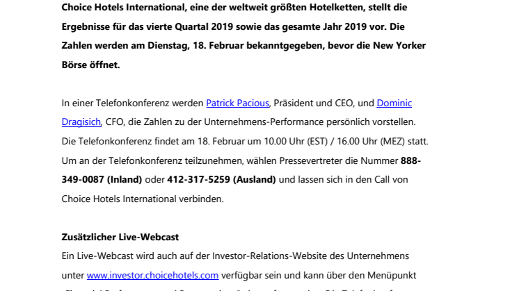 Choice Hotels International veröffentlicht 4. Quartals- und Jahreszahlen 2019 
