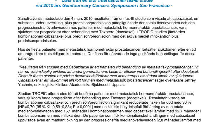 Cabazitaxel förbättrar överlevnaden hos patienter med avancerad hormonrefraktär prostatacancer