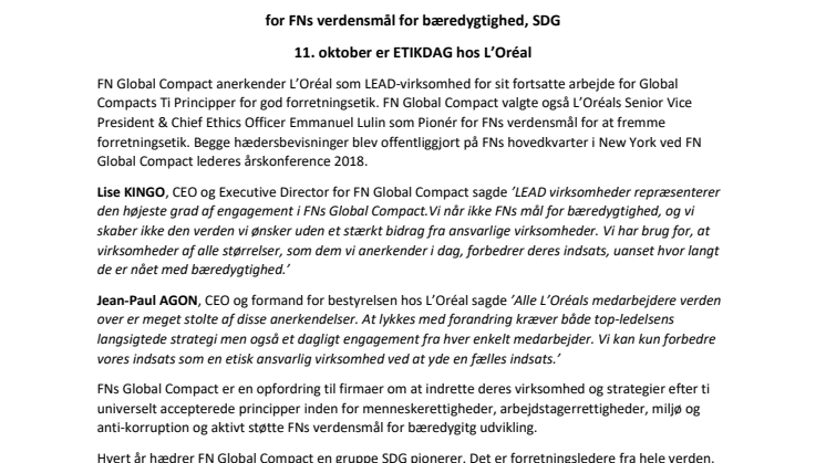 FNs Global Compact LEAD: L'Oréal hædres for god forretningsetik og som pioner for FNs verdensmål