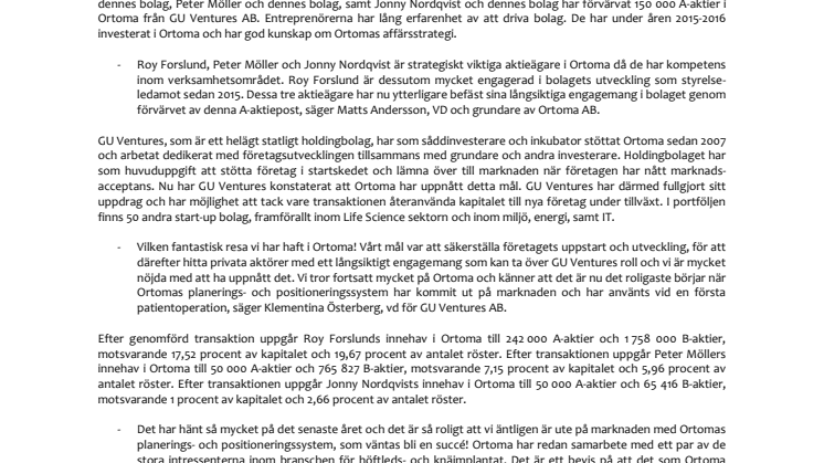 GU Ventures säljer sitt innehav i Ortoma till tre entreprenörer