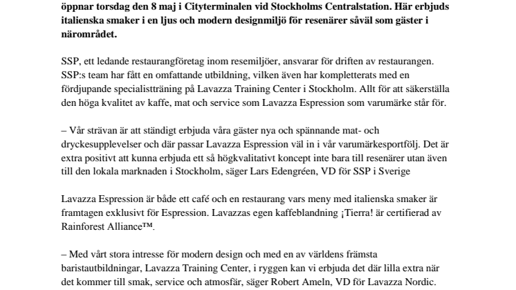 SSP och Lavazza öppnar café och restaurang Lavazza Espression centralt i Stockholm