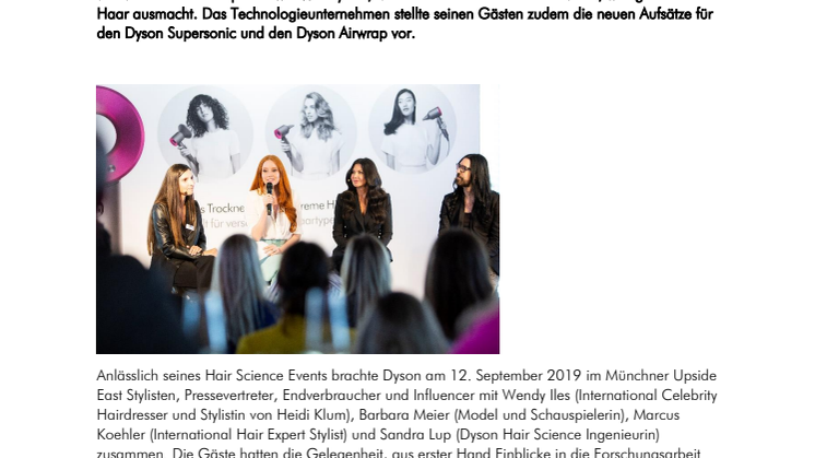 Dyson präsentiert beim Dyson Hair Science Event in München die neuen Aufsätze für den Dyson Supersonic Haartrockner und den Dyson Airwrap Haarstyler